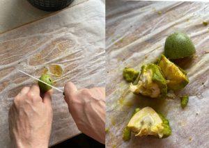 Homemade nocino - cut the green walnuts