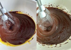 Traditional torta tenerina - adding the chocolate mixture
